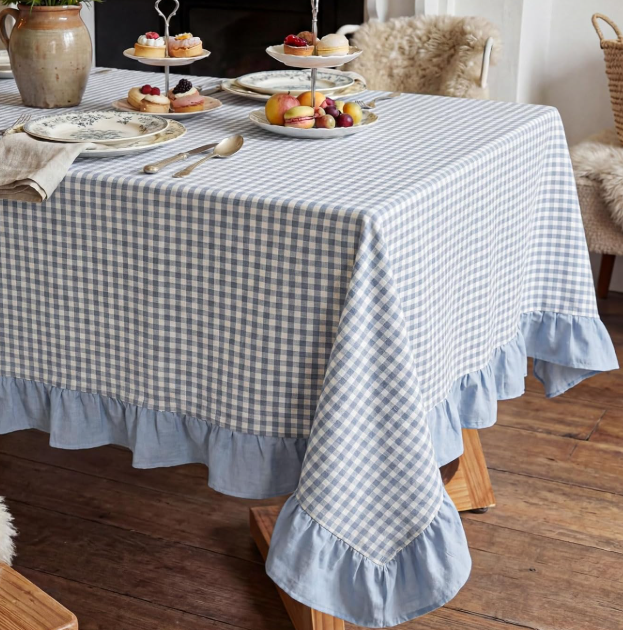 Blue Plaid Pleated Pure Cotton Tablecloth