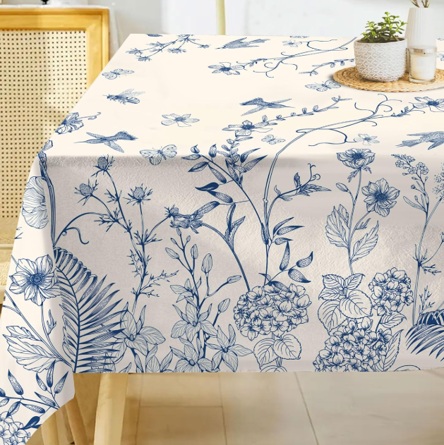 Blue Floral Print Pure Cotton Tablecloth